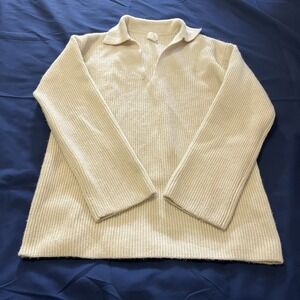 H&M Knit Sweater Women's M Oversized V Neck Collared Long Sleeve Pullover‎ Cream